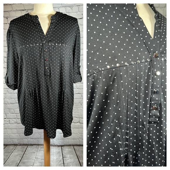 Cocomo Woman size 3X Black White Polka Dot Roll Tab Sleeve Popover Tunic NEW - Picture 1 of 16